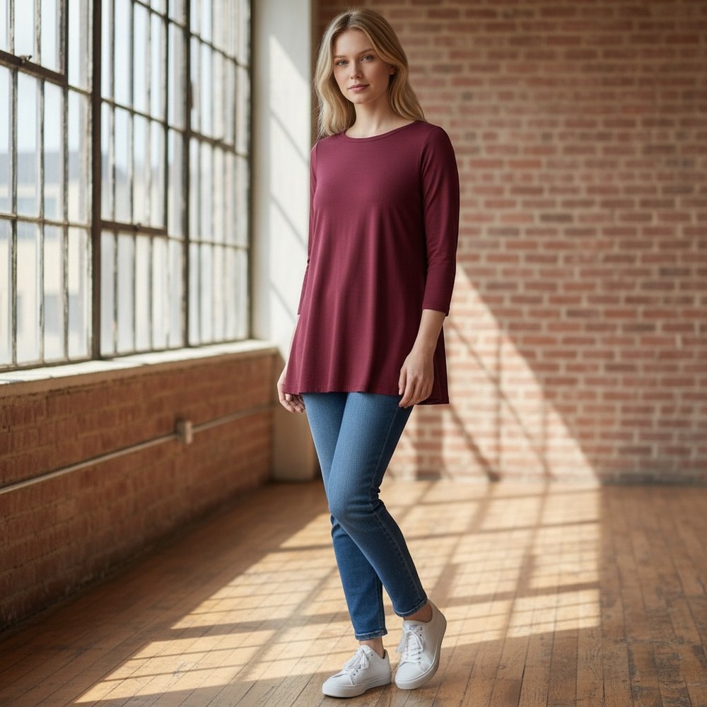 Lands End Womens Burgundy 100% Cotton 3/4 Sleeve Tunic Top Size M/T 10-12 Tall